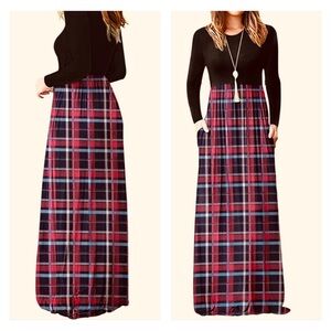 Plaid Long Sleeve Empire Waist Full Length Maxi Dress